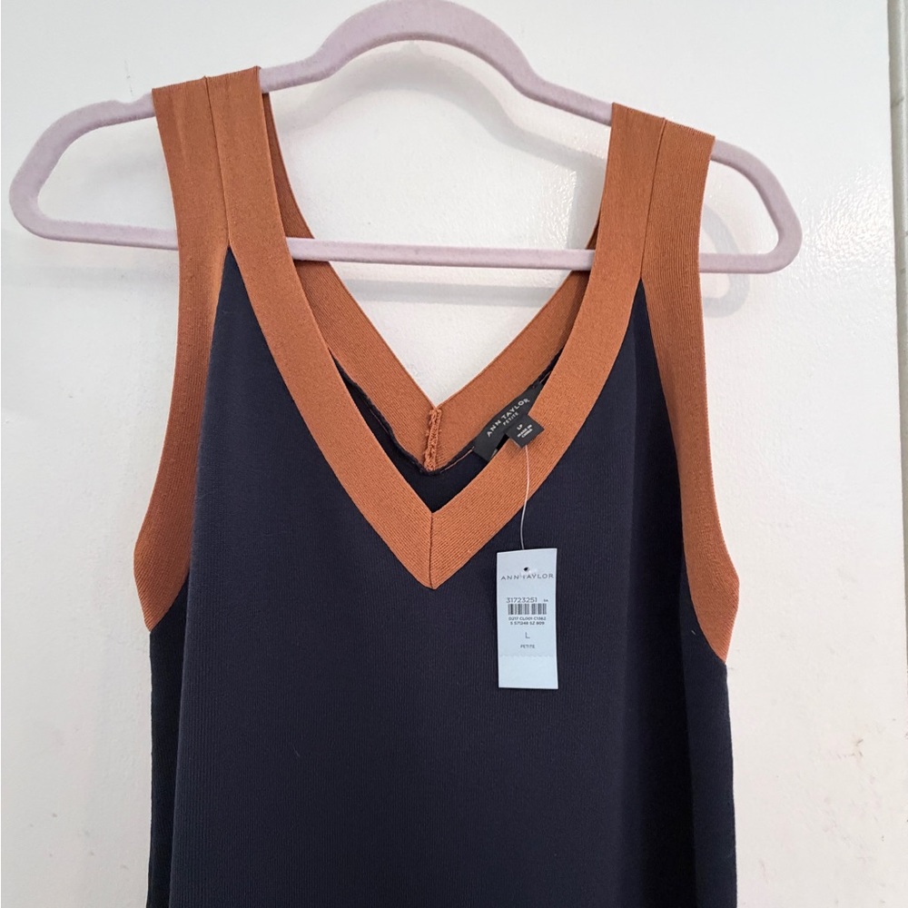 Ann Taylor Sleeveless V-Neck Navy Dress with dark tan Trim size LP - Picture 2 of 3